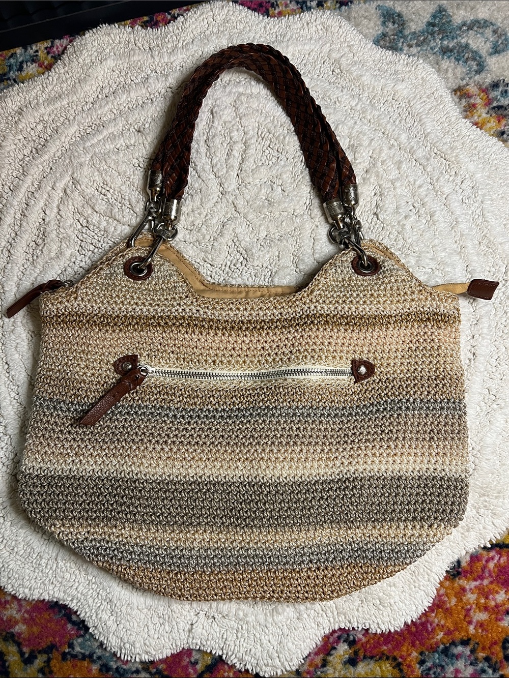 The Sak Boho Crochet Summer Shoulder Bag Neutral Colors Hobo Slouchy Purse